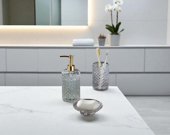 Handmade Glass Bathroom Set – 3-Piece Blown Glass Set (Soap Dispenser, Toothbrush Holder, Soap Dish)