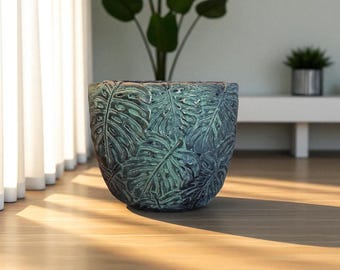 Handmade Green Concrete Planter – Large Oval Textured Pot – Indoor Outdoor Flower Pot – Rustic Garden Decor