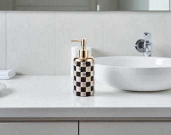 Handmade Porcelain Soap Dispenser – 300 ml Checkered Design, Durable & Elegant Bathroom Accessory