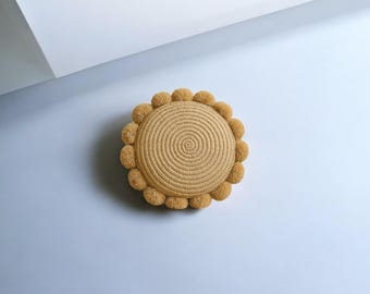 Handmade Round Raffia Pillow | Natural Woven Cushion with Pom-Poms | Boho Decorative Throw Pillow