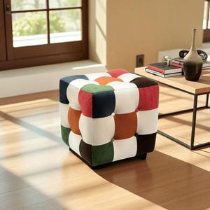 Handmade Velvet Ottoman: Modern Square Pouf, Solid Wood Frame