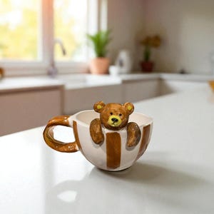 Handmade Striped Ceramic Mug with Hanging Bear Figurine – Cute Coffee or Tea Cup Gift