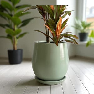 Handmade Mint Green Ceramic Planter with Saucer: Large 25cm Indoor/Outdoor Pot
