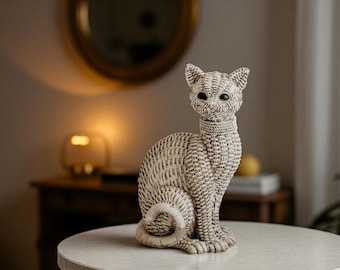 Vintage Handcarved Wooden Cat Figurine: Rustic Black and Beige
