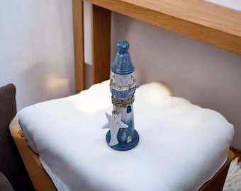 Decorazione faro in legno fatta a mano / Ornamento nautico blu e bianco / Decorazione da scrivania