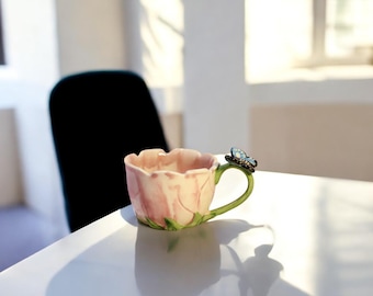 Handmade Ceramic Rose Mug – 200 ml | Pink Floral Butterfly Cup | Nature-Inspired Pottery | Unique Gift Idea