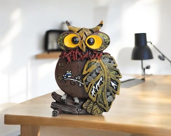 Luxury Patterned Owl Figurine – Embellished Stone Owl Statue – Brown Owl Home Decor – Shelf Ornament