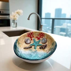 Handmade Beach-Inspired Ceramic Bowl – Coastal Design | 15cm | Unique Hand-Painted | Ocean Theme Tableware