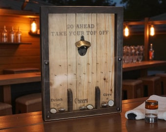 Handmade Wall Mounted Wooden Drinko Bottle Opener | 56x36x5 cm | 3-Compartment Cap Collector