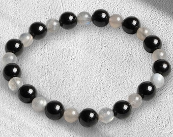 Certified Natural Labradorite and Black Tourmaline Bracelet – Genuine Gemstone Jewelry – Adjustable Size