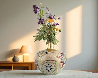在庫あり - 手作り陶器の花瓶 - ろくろ成形、筆で描かれた渦巻き模様