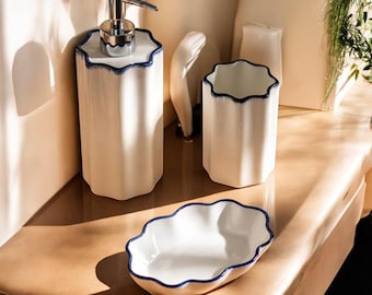 Handmade 3-Piece Ceramic Bathroom Set – Soap Dispenser, Toothbrush Holder & Soap Dish