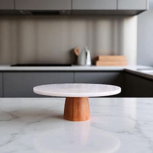 Handmade Natural Marble Cake Stand with Wooden Base – 28 cm Round Dessert Tray – Elegant Marble Serving Platter