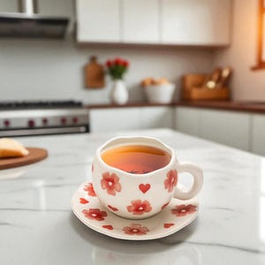 Handmade Ceramic Heart Checkered Mug & Saucer Set – 350-400 ml | Cute Coffee Cup | Artisan Ceramic Teacup