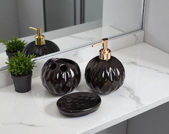 3-Piece Ceramic Bathroom Set | Soap Dispenser, Soap Dish & Toothbrush Holder | Modern Design in Grey or Black