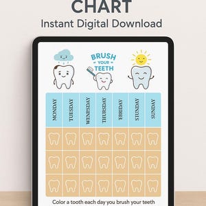 Tabla de cepillado de dientes imprimible para niños / Descarga digital / Registro diario de limpieza dental / Tabla divertida de rutina de higiene bucal