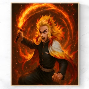 Demon Slayer Art - Rengoku, Flame Hashira Art - Printable Wall Art • Digital Download • Anime Wall Art • Kimetsu no yaiba 3D poster