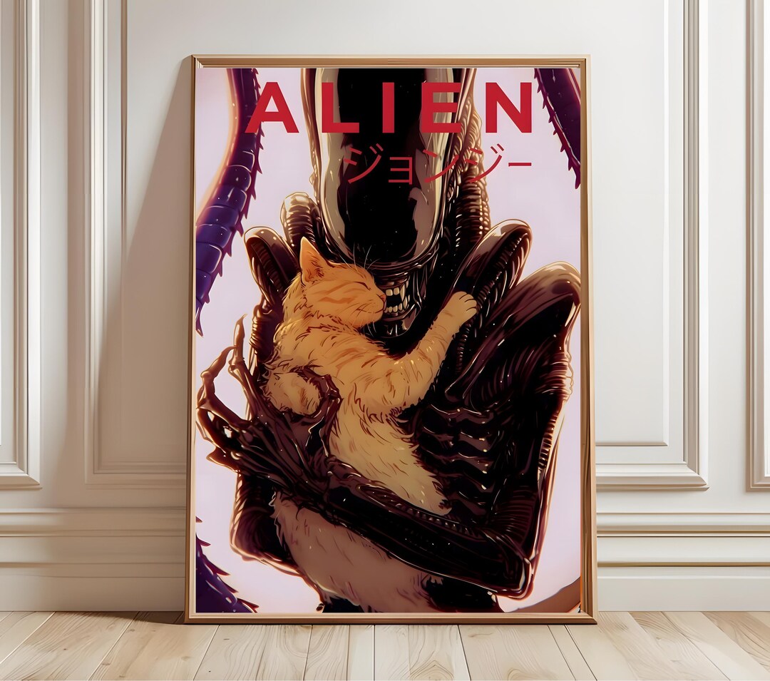 Alien and Cat Poster | Xenomorph Wall Art Print | Sci-fi Artwork ...
