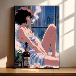 Retro Anime Girl Print: Moody City Night Wall Art (Digital Download)
