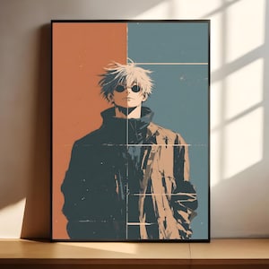 Gojo Satoru Anime Poster: Jujutsu Kaisen Fan Art, Split Color Vintage Print (Digital Download)