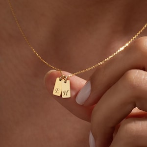Dainty Tag Necklace with Kids Initials | Custom Engraved Letter Pendant Necklace | 14k Gold Personalized Bar Tag Jewelry | Mothers Day Gifts