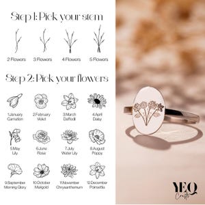 May include: A silver ring with an oval-shaped, white face featuring a floral design. The image also includes text with options for selecting flower stems and flower types, including Carnation, Violet, Daffodil, and Daisy.