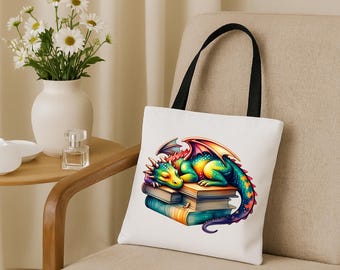Book shelf dragon tote bag, Cute bag, Eco-Friendly Bag,  Aesthetic tote bag, Gift ideas, Library book bag