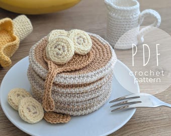 Padrão de crochê em PDF para panquecas de banana – Conjunto de café da manhã em amigurumi para cozinha de brinquedo e decoração.