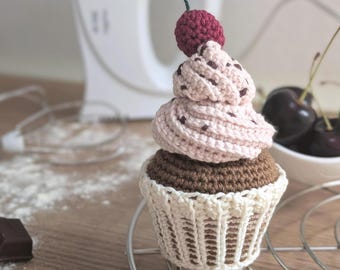 Crochet Cupcake Pattern PDF, Chocolate Cherry Amigurumi Dessert for Decor & Play Kitchen