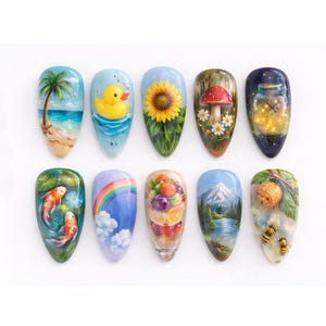 May include: A collection of ten painted nail art designs. The designs include a beach scene, a rubber duck, a sunflower, a mushroom, a jar of fireflies, koi fish, a rainbow, a fruit arrangement, a mountain landscape, and bees.