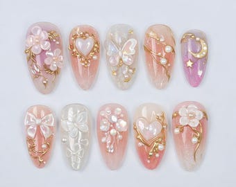 Fairy-Tale Press On Nails, Almond Nails With Gold Ribbons, Pearls & Floral Details, Vacation, Or Gift