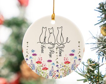 Anpassad kattblommig prydnad, personlig katt med namnprydnad, present till kattägare, husdjursälskare