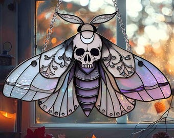 Skull Moth Butterfly Suncatcher Stained Acrylic Window Hanging, Halloween Home Decor, Fall Decor, Garden Art, Handmade Gift, Unique Wall Art