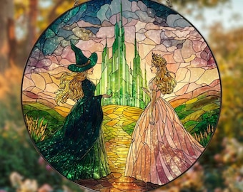 Elphaba and Glinda Wicked Stained Glass Suncatcher – Musical-Inspired Ornament, Trendy Halloween Window Decor, Gift for Wicked Fans