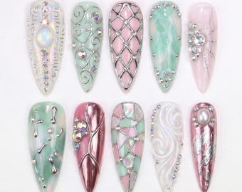 Handmade 3D Baroque Press On Nails with Silver Chrome and Mint Pink Art - Pastel Cyber Fake Nails - Luxury Ornate Rhinestone Gift