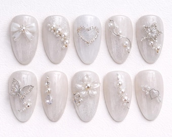 White Pearl Press On Nails, Bridal Wedding Nail Set, Elegant Bow Heart Star Butterfly Design, Handmade Glossy Almond Nails