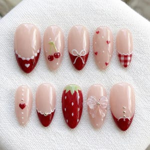 Jordgubbsröda Kawaii Press On Naglar | Körsbärsrosett Gelnaglar | Söt Coquette 3D Frukt Nagelset