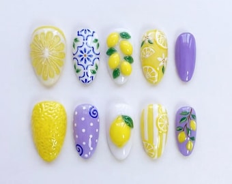 Handmade 3D Lemon Press On Nails | Mediterranean Summer Tile Art | Fruit Aesthetic Fake Nails | Italian Amalfi Coast Style Gift for Her