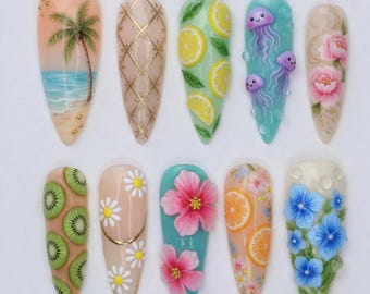Sommer Press On Nails Tropischer Strand Obst Blumen 3D Nagel Set Palme Zitrone Kiwi Qualle Süße Pastellnägel Urlaubsnägel