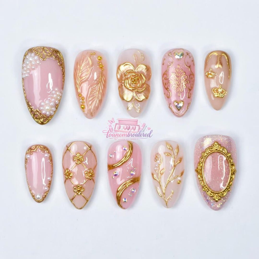 Pink 5202 Pink Gold Luxury Press on Nails | Pearl Floral Crown Frame Design ...