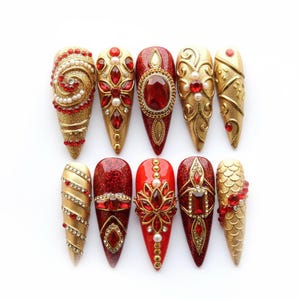 Ongles à presser de luxe en or rouge, design baroque avec strass rubis, ongles stylets Regal Glam, ensemble d'ongles faits main