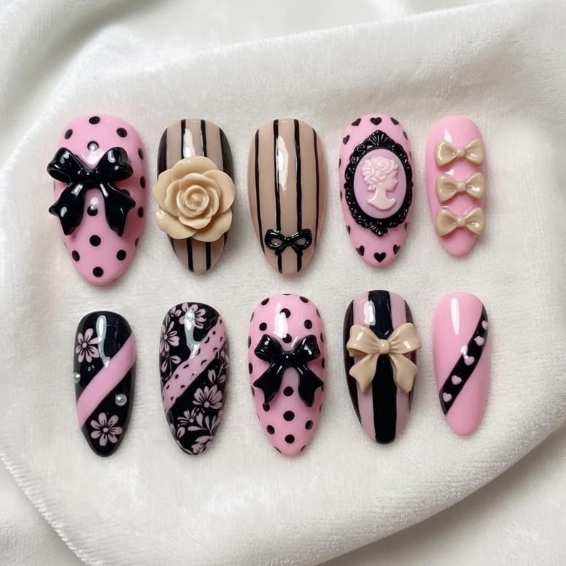 Pink Coquette Press On Nails, Cameo Bow Rose Polka Dot Almond Fake Nails, Girly Vintage French Tip Nail Set image 1