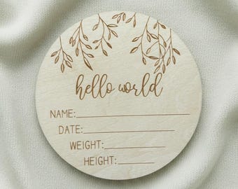 Engraved Wood Baby Birth Announcement Sign, Hello World Photo Prop