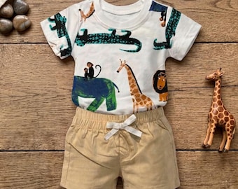 Safari Baby Boy Clothes Set, 100% Cotton Summer Outfit, Animal Print T-Shirt and Shorts, GOTS Standards, 0 Months to 3T.