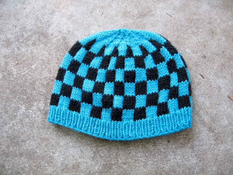 wool hat in turquoise and black check