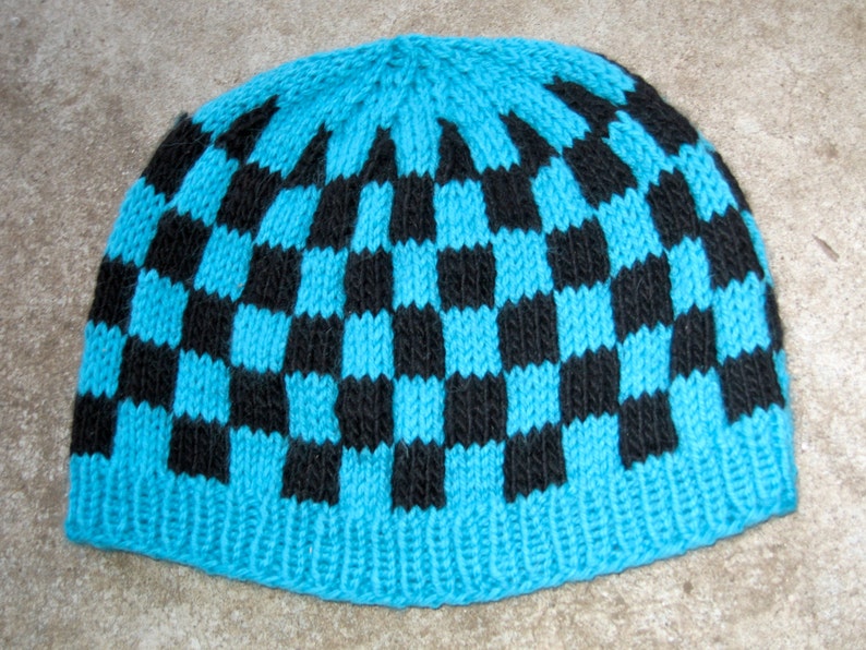 wool hat in turquoise and black check