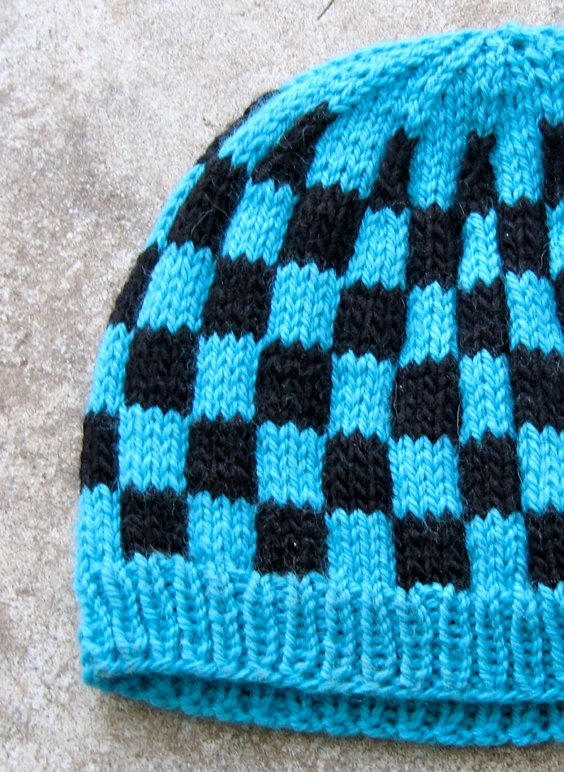 wool hat in turquoise and black check