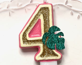 BIRTHDAY CANDLE, first birthday, palm, monstra leaf, cake topper, pink green, smash cake photo prop, birthday, tropical, Hawaiian, luau