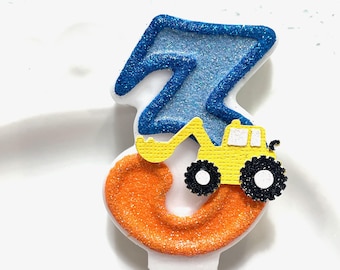 Construction Truck Birthday Candle, Glitter Cake Topper