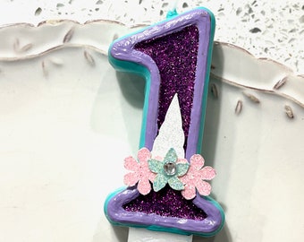 BIRTHDAY CANDLE, first birthday, unicorn horn, purple and teal, flowers, magical, smash cake photo prop, birthday, unicorn birthday